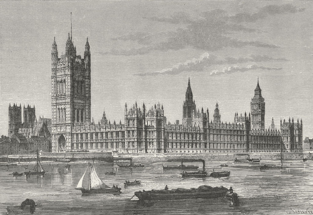 LONDON. Houses of Parliament, from Lambeth c1885 old antique print picture